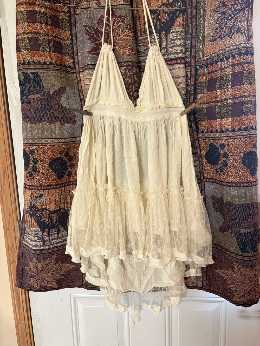 Boho Cream Tiered Spaghetti-Strap Mini Dress